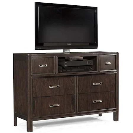 6 Drawer Bowfront Media Chest with Surge Protected Power Source, Center Shelf and Rectangular Nickel Hardware